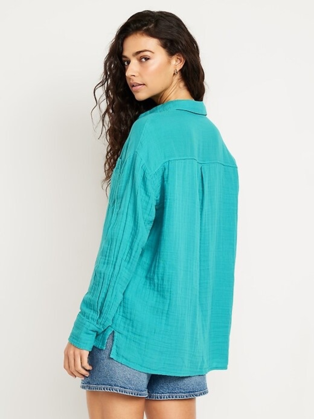 Gap The Big Shirt Crinkle Cotton Gauze Loose Button Down Teal